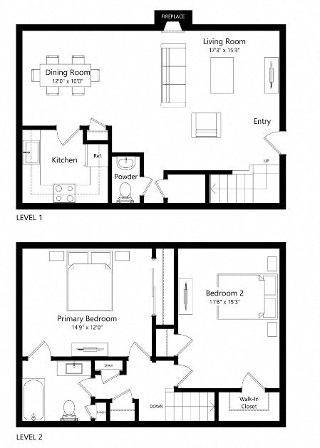 Floor plan for 2 beds, 1.5 baths, 1200 sqft